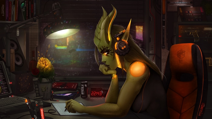 Fantasy girl with headphones at a desk