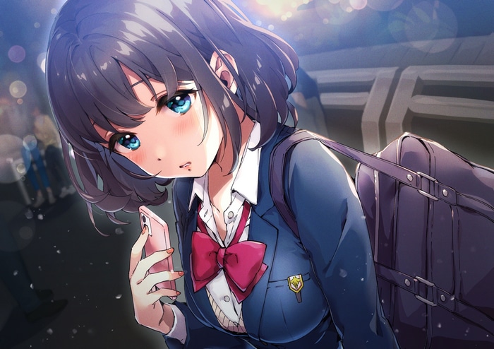 Girl in school uniform holding a phone