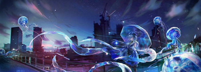 Anime girl with umbrella and jellyfish in city at night