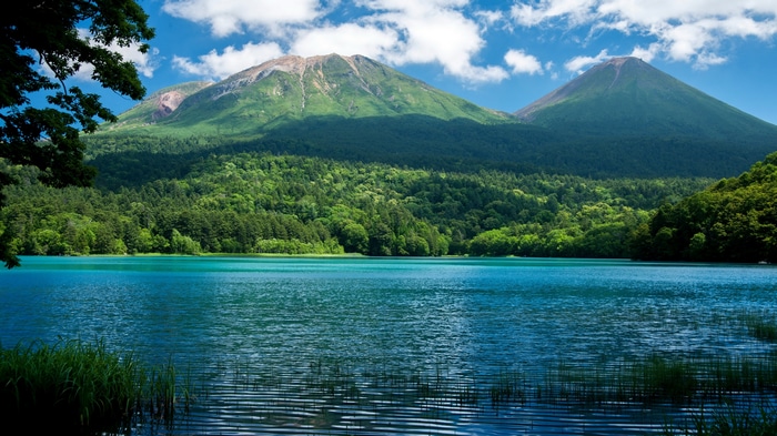 4K lake and mountains landscape with forest and clouds