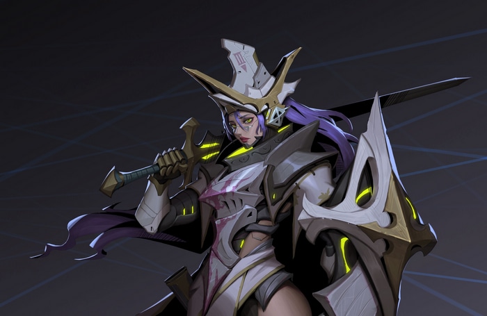 Warrior woman with purple hair, sword, and shield