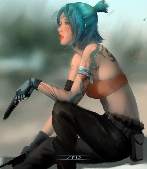 Woman with blue hair and tattoos holding a gun