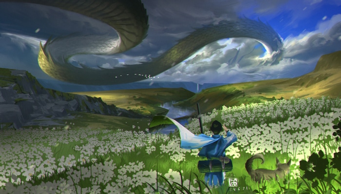 Fantasy landscape with a dragon and a traveler