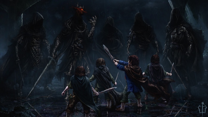 Hobbits confront the Witch-king and Nazgûl