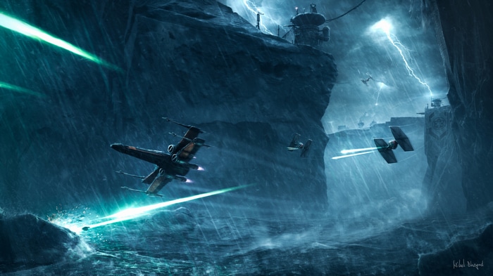 Star Wars X-wing and TIE Fighters battle in a stormy canyon