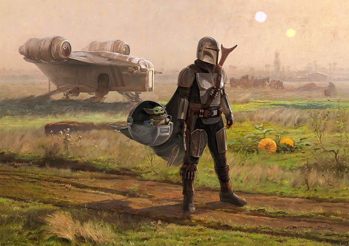 The Mandalorian and Grogu on a grassy field