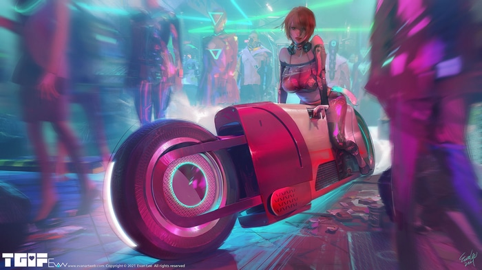 Cyberpunk woman on a futuristic motorcycle