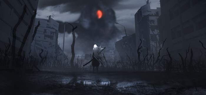 Lifeline in ruined city with giant red eye in sky