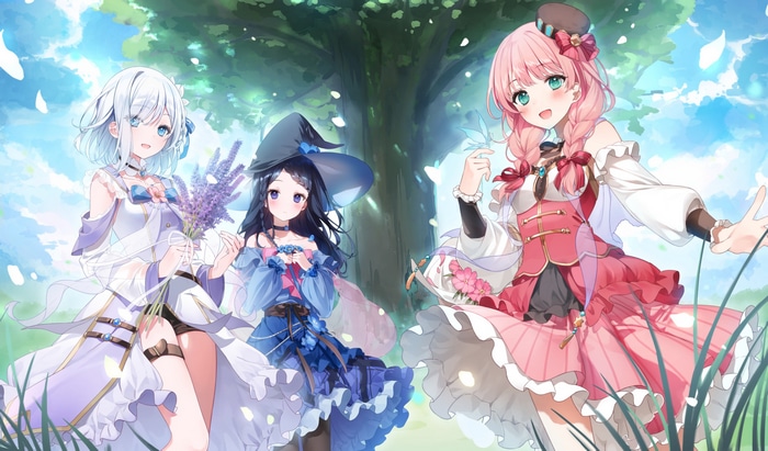 Three anime girls in dresses in a forest