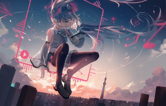 Hatsune Miku floating above a cityscape at sunset