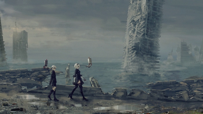 Nier: Automata 2B and 9S in a ruined city