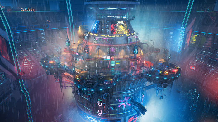 Cyberpunk city with neon signs and rain