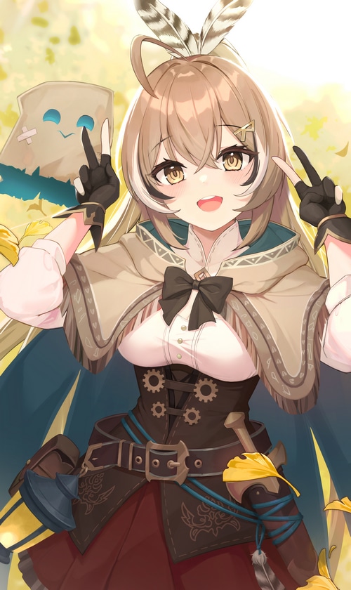 Nanashi Mumei with a paper bag creature