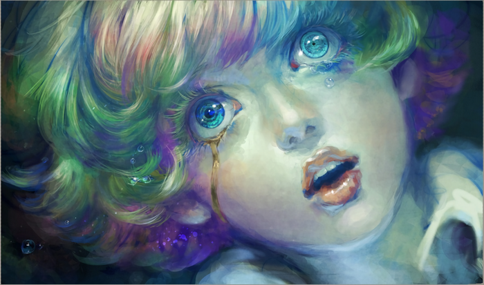 Close-up of a crying person with colorful hair