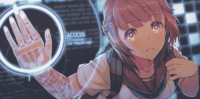 Girl with digital hand scan in school uniform