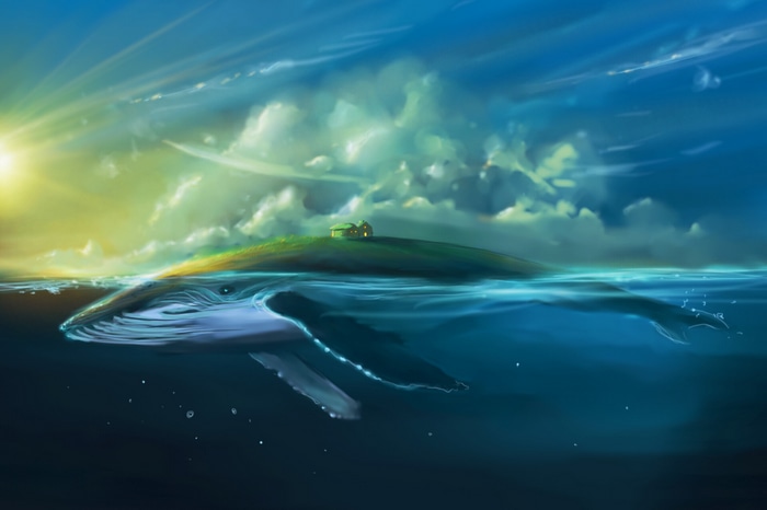 Fantasy art of a whale and an island with houses