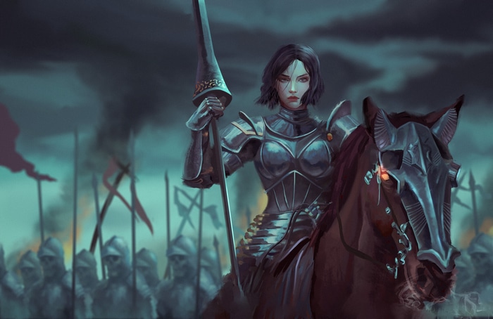 Woman in armor on horseback with army in background
