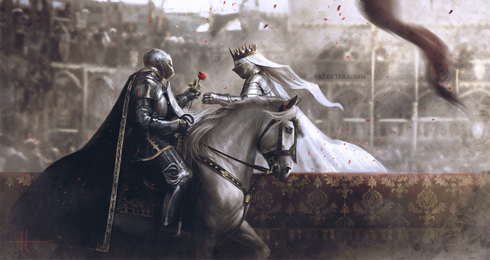 Knight Offers Rose to Queen on Horseback