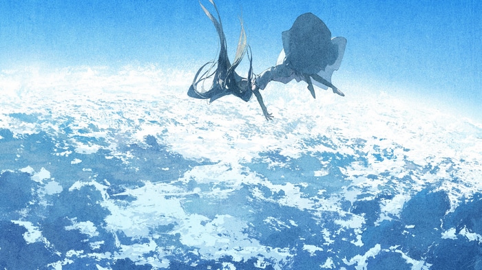 Two figures falling through the sky above clouds