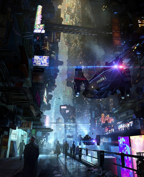 Cyberpunk futuristic city with police flying car