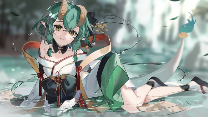 Dragon girl in Japanese clothes lying in water