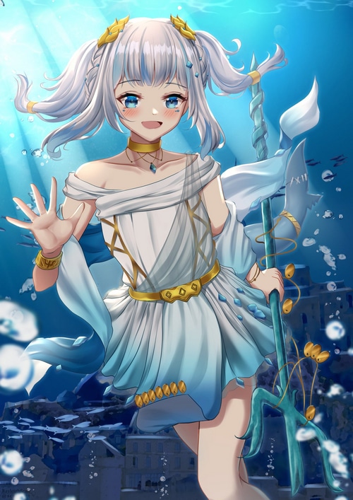 Gawr Gura underwater with a trident