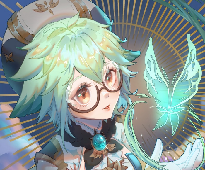 Genshin Impact Sucrose with a glowing butterfly
