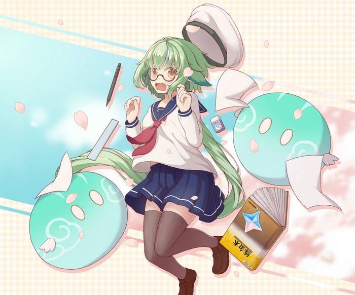 Sucrose from Genshin Impact in a school uniform