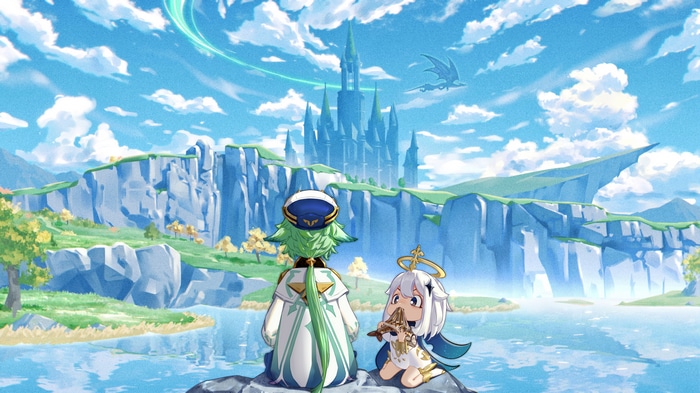 Genshin Impact: Sucrose and Paimon overlook a castle
