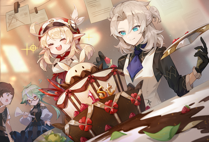 Albedo, Klee, and Sucrose celebrate with a cake
