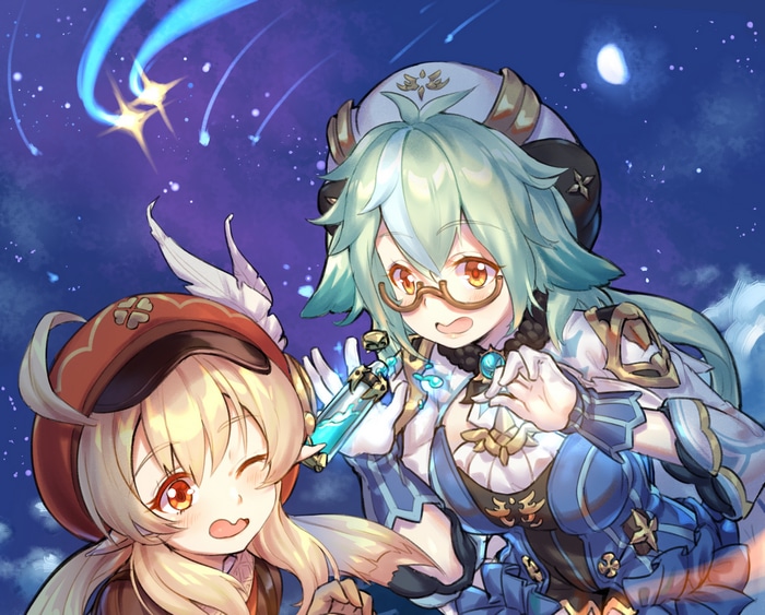 Genshin Impact: Klee and Sucrose under the night sky