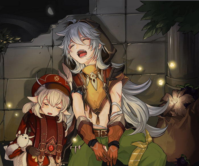 Razor and Klee resting in ruins