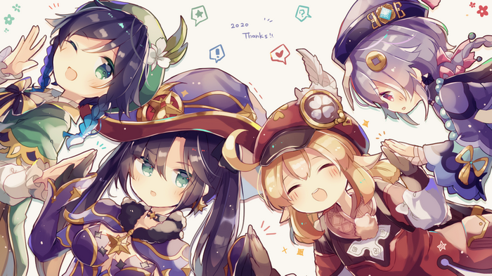 Genshin Impact characters Venti, Mona, Klee, and Qiqi