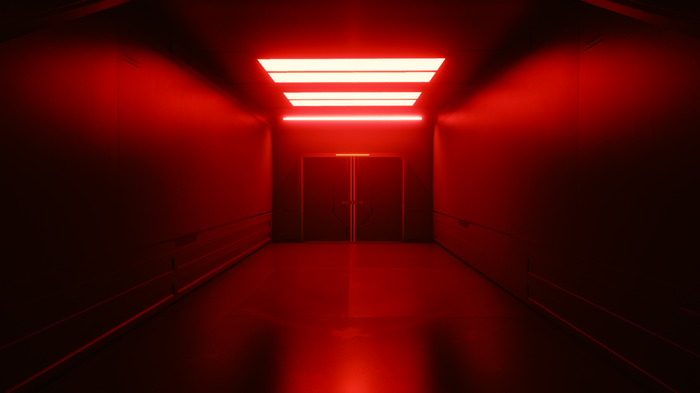 Cyberpunk 2077 hallway with red neon lights