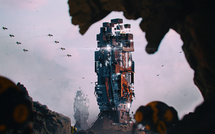 Science fiction towers with flying vehicles