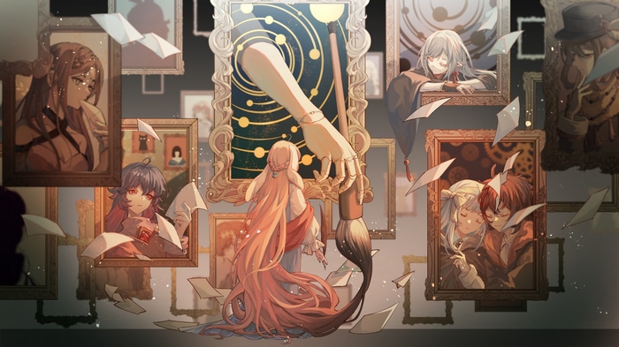 Anime characters in framed paintings with a giant hand painting
