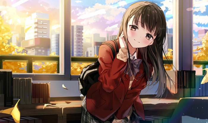 Gotouhu in a school uniform by the window