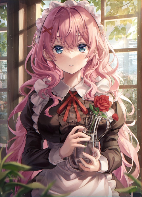 Aibek in a maid outfit holding a rose