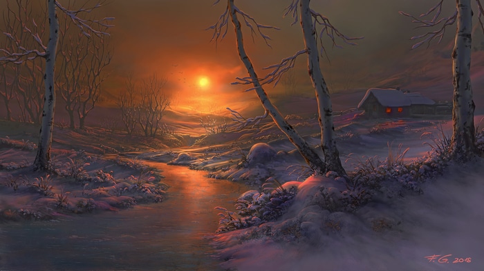 Winter sunset over a snowy landscape with a cabin