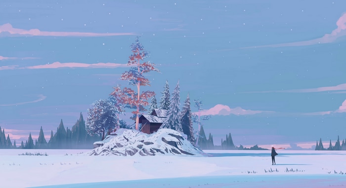 Winter landscape with a lone figure and a cabin