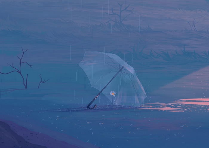 Transparent umbrella with a flower in the rain