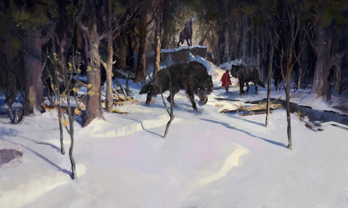 Little Red Riding Hood and wolves in a snowy forest