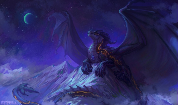 Dragon on a mountain under a crescent moon