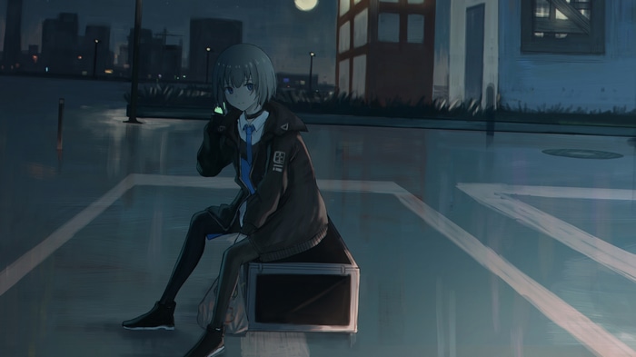 Anime girl sitting in a parking lot at night