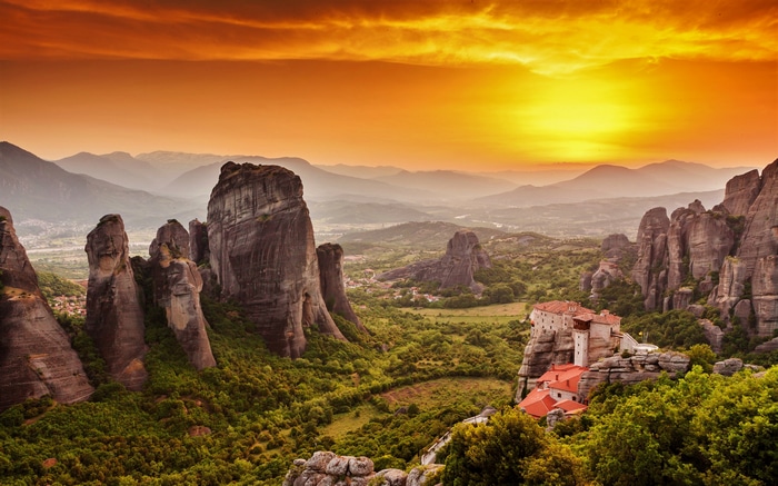 4K Meteora landscape with monasteries at sunset