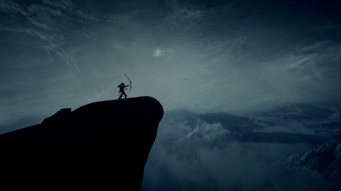 Warframe archer on a cliff overlooking mountains