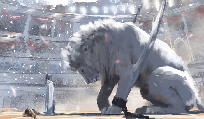 Ghostblade fantasy art of a winged lion and a girl