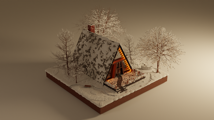 Winter A-frame cabin with snow and lights