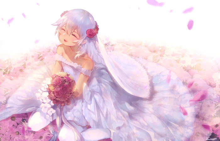 Laffey in a wedding dress surrounded by flowers