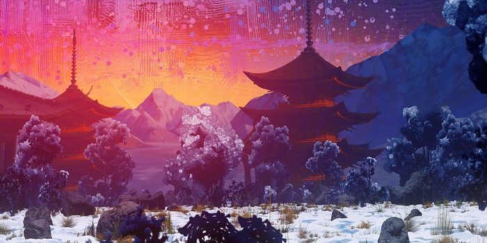 Asian architecture with pagodas and snowy mountains at sunset